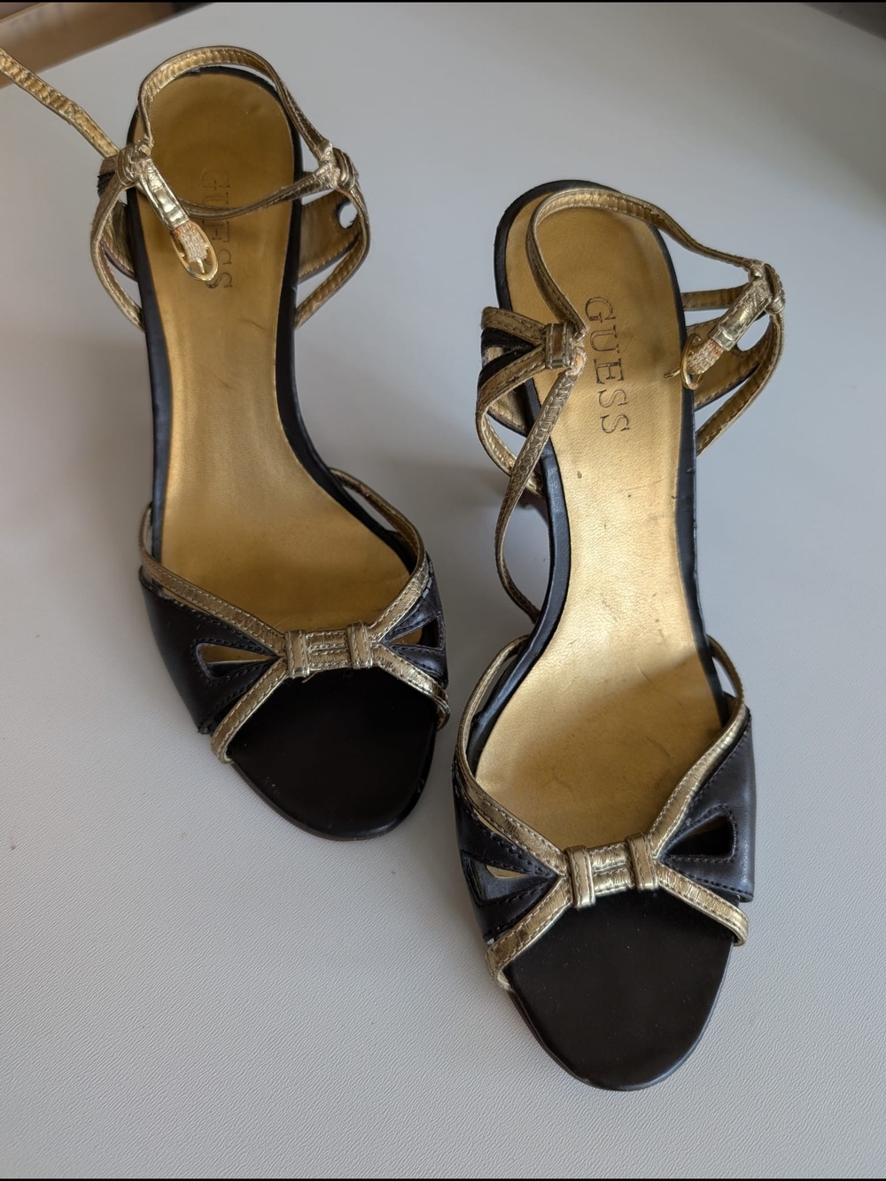 GUESS Women's Dark Browm and Gold Strappy Open-Toe Wedge Heels
